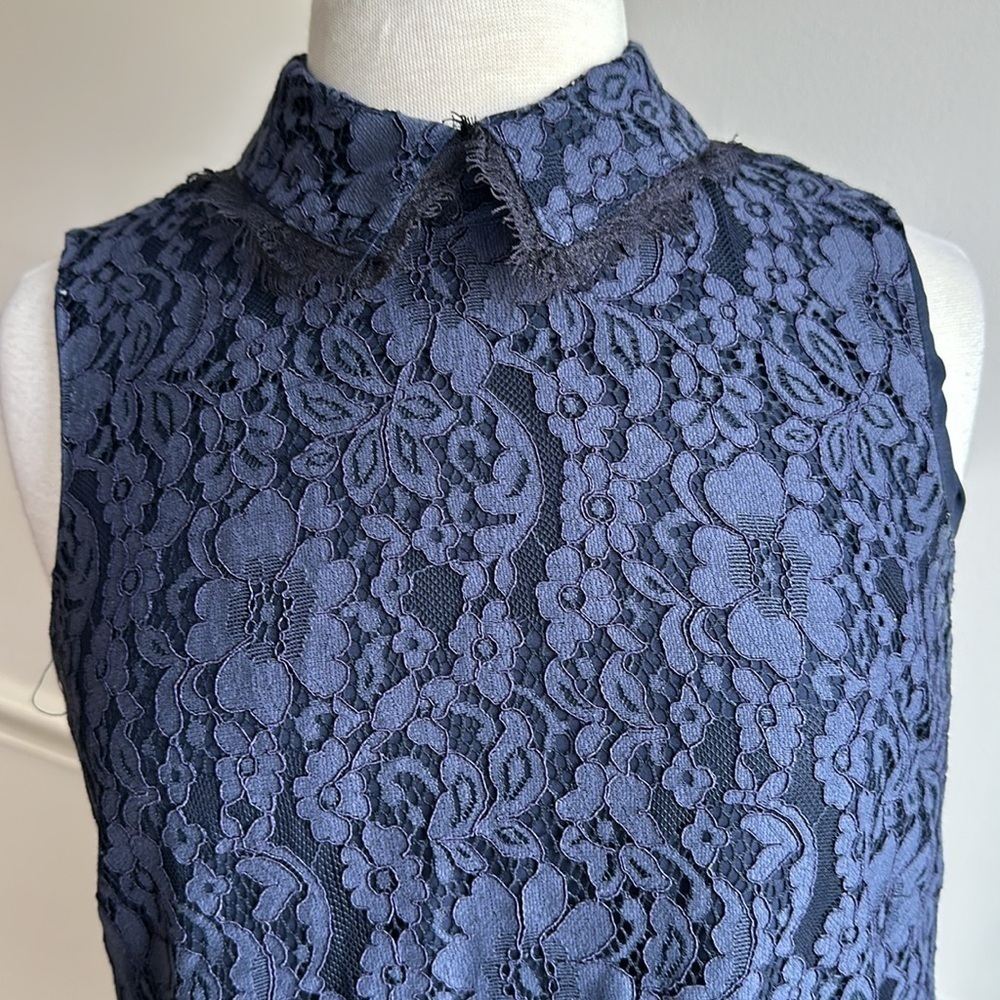 Nanette Lepore Navy Blue Lace Collared Pleated Flounce Hem Shift Dress 6 EUC - Picture 3 of 8